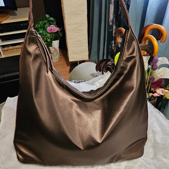 Hush | Gorgeous Satin Chocolate Brown Scoop Tote Bag - Like New! - Picture 12 of 15
